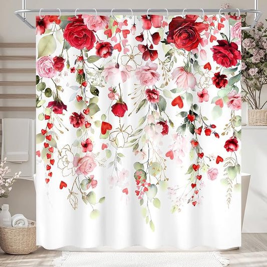 Mother Day Women Red Pink Rose Bathroom Shower Curtain Set | 72"W x 72"L Floral Watercolor design with waterproof HD artwork, quick-dry fabric and hooks for easy hanging.