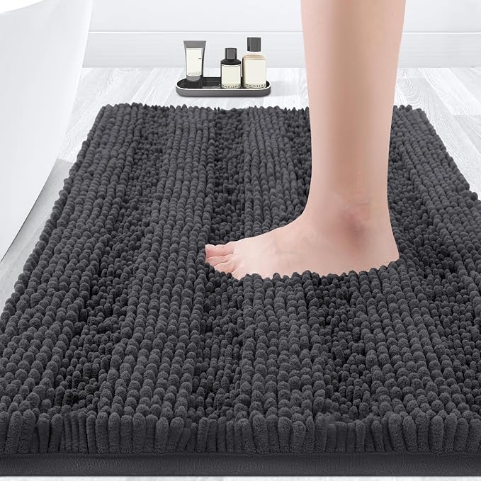 Striped Grey Bathroom Rug Mat 36"x24" Ultra Soft, Non Slip Chenille Bath Rugs, Absorbent Plush Shaggy Bath Mats for Bathroom, Bedroom, Kitchen, Shower, Tub,Dark Gray, Charcoal