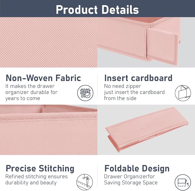 DIMJ Drawer Organizer Clothes - Underwear Organizer Small Sock Organizer Closet Organizers and Storage Box Dresser Drawer Dividers for Baby Clothes,Bra,Socks, Belt, Tie, Set of 12, Pink