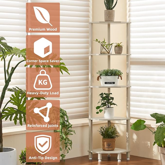 YUFAM 5-Tier Corner Shelf, Grey White | Wooden Corner Bookshelf for Small Spaces, Corner Standing Shelf with Sturdy 5-Leg Base