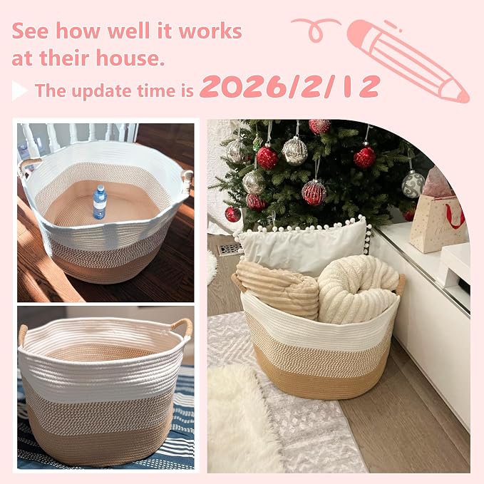 Artfeel 100L Large Cotton Rope Basket, Decorative Woven Blanket Storage for Living Room, Boho Toy Storage & Toy Box for Kids, Versatile Laundry Basket & Nursery Hamper for Blankets(Pink)