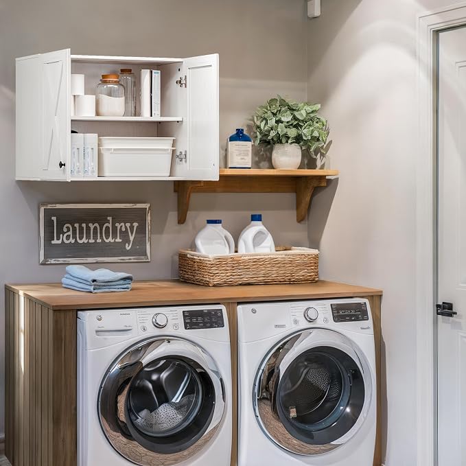 FIMELLO Laundry Room Wall Cabinets,Farmhouse Wall Mounted Cabinets for Kitchen Garage Laundry Storage, Medicine Cabinet with 2 Door and Shelf, Bathroom Wall Cabinet, White