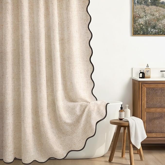 Scalloped Shower Curtain Linen Boho Beige 48" W x 72" L | Linen Fabric, Black Border, Washable, Heavy Duty Cloth, Shower Curtain for Boho Farmhouse Bathroom Bathtub