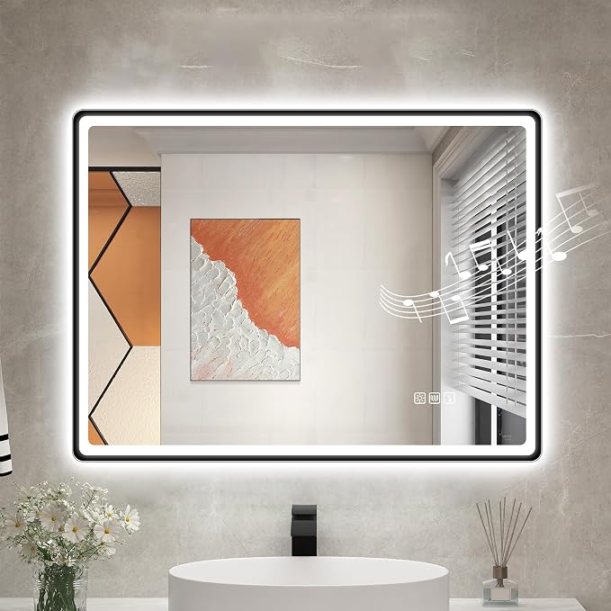 STARLEAD 24"x32" Black Frameless LED Bathroom Mirror with Bluetooth Speaker, 3 Color Temperature, Stepless Dimming, Anti-Fog, Touch Control, Wall-Mounted Vanity Mirror, Vertical or Horizontal