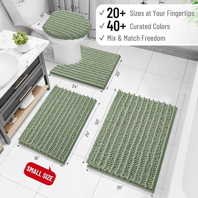 Arotive Bathroom Rugs Mat 60x24, Soft Absorbent Chenille Shaggy Bath Mat | Sage Green, Machine Wash Dry, Bath Rugs for Bathroom Floor, Tub and Shower, Home Decor Accessories