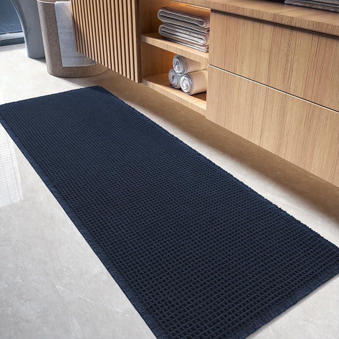 tchdio Waffle Bath Mat-Runner Rug, Super Absorbent Non Slip Bath Mats for Bathroom Machine Washable Long Rugs with Tassels, Bath Rugs for Bathroom Floor Beside Tub, 2' x 4'(24" x 48"), Navy Blue