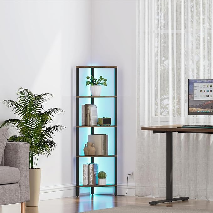 TUTOTAK Corner Shelf with LED Light, 5-Tier Corner Bookshelf | for Small Space, Narrow Display Corner Shelf Stand with Storage Rack, for Living Room, Bedroom, Rustic Brown BS05BB005L