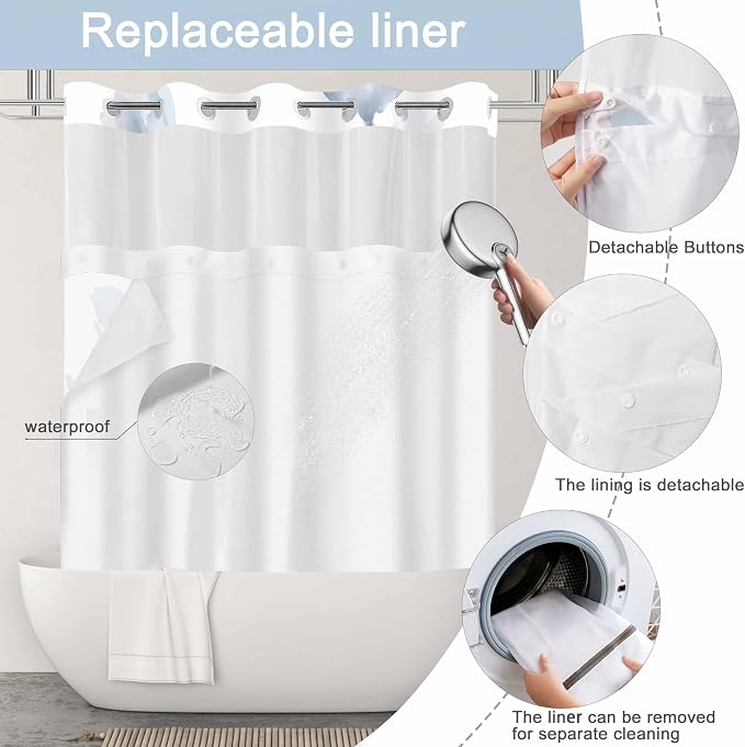 No Hook Shower Curtain and Liner Set, Blue Boho Floral 71x74 | Watercolor Boho Flower, with Snap in Liner, Waterproof, Machine Washable, Quick-Drying, for Hotel Bathroom