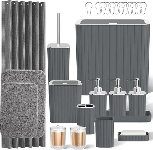 Bathroom Accessory Set - Bathroom Set, 27PC Bathroom Accessories Set, Grey Bathroom Sets with Shower Curtain and Rugs, Mini Trash Can, Toilet Brush, Trash Can & Soap Dispenser