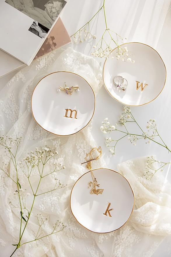 COLLECTIVE HOME Ceramic Jewelry Tray, Trinket Dish, Gifts for Women (R) | Mother's Day, Birthday, Christmas, Engagement Gifts, Vanity, Nightstand Decor, Embossed Gold Monogram Ring Dish with Gift Box