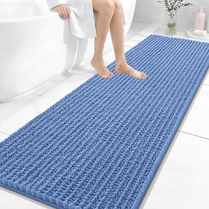 OLANLY Bathroom Runner Rugs 70x24, Thick Soft Absorbent Chenille Bath Rugs | Cornflower Blue, Quick-Drying Rubber Backing, Long Shaggy Bath Mat, Washable for Floor, Tub Shower, Home Decor Accessories