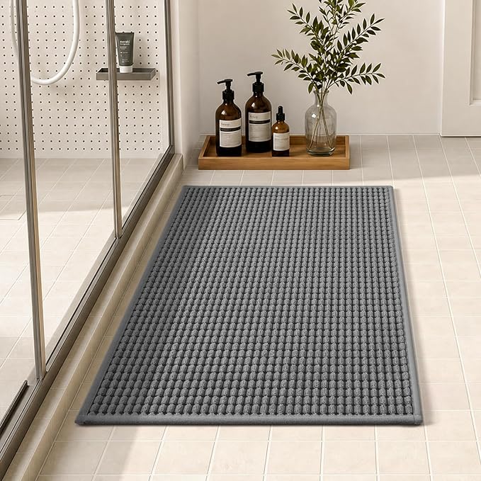tchdio Bath Mat, Absorbent Bathroom Mat Quick Dry, Thin Bathroom Rugs Fit Under Door, Non Slip Washable Bath Rugs with Solid Rubber Backing, Low Profile Bath Mats for Bathroom, Grey, 20" x 32"