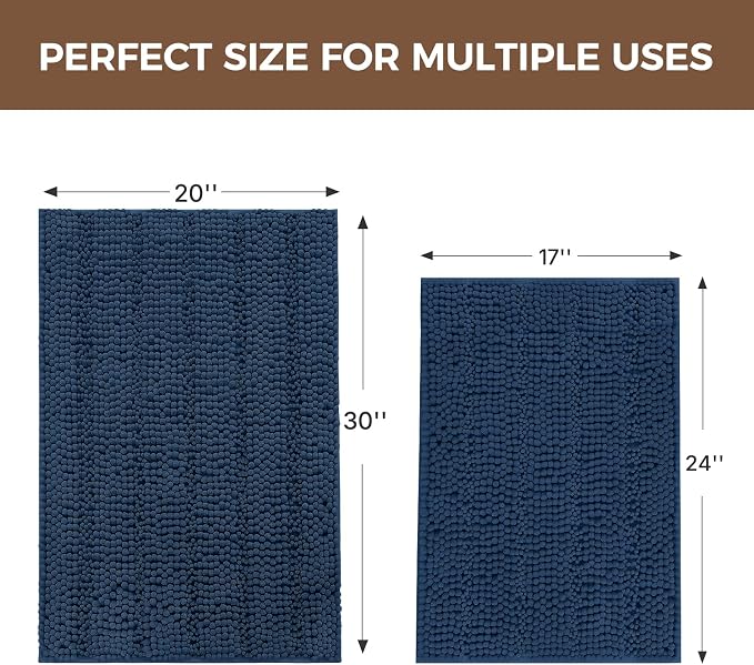 Bcoimo Bath Rug Mat Sets, 2 Piece High Absorbent Chenille Bathroom Mat Navy | Non Slip with Rubber Backing Bathroom Rugs set; Machine Washable;Extra Soft Bath Rug;High Absorbent、Quick Dry Microfiber mat