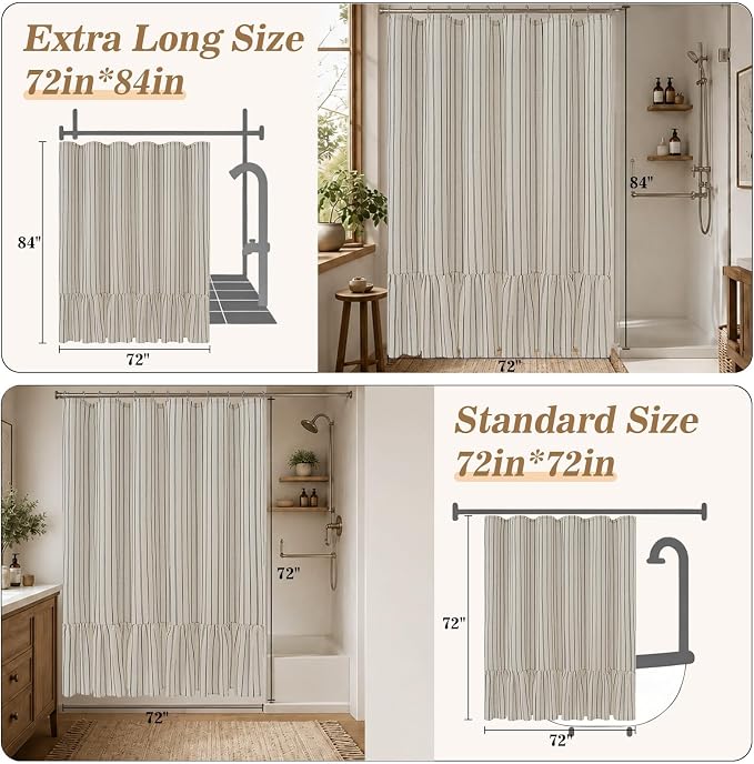 Yinhua Farmhouse Linen Shower Curtain with Ruffle, Black Striped Waterproof Shower Curtains for Bathroom, Country Vintage Bath Curtain with 12 Metal Hooks, Weighted Washable Fabric, 72" W x 84" L
