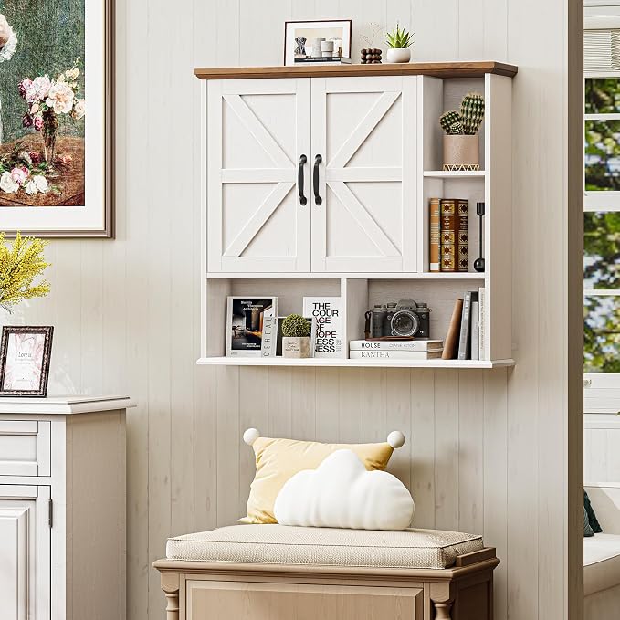 Bathroom Wall Cabinet, Farmhouse Medicine Cabinet with Doors, White & Brown | Over The Toilet Storage Cabinet with Double Barn Door and Adjustable Wood Shelf for Wall Mounted for Bathroom Laundry Kitchen
