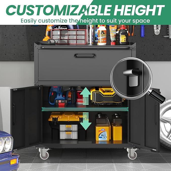 Garage Storage Cabinet System,Wall Cabinet & Locking Rolling Tool Cabinet with Doors and Adjustable Shelves