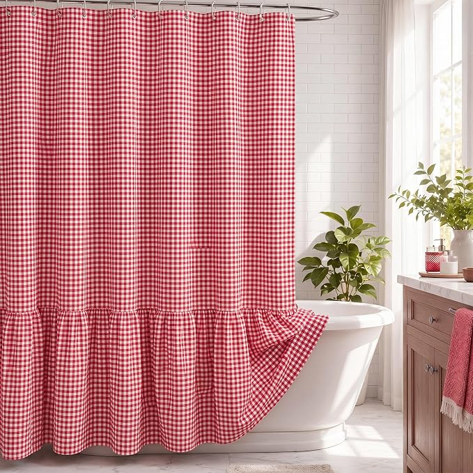 HunnmingRe Ruffle Hem Gingham Shower Curtain, Red Farmhouse | Waterproof Fabric for Bathroom, Machine Washable, Standard Size Fits Most Tubs, Farmhouse Cottage Style Decor