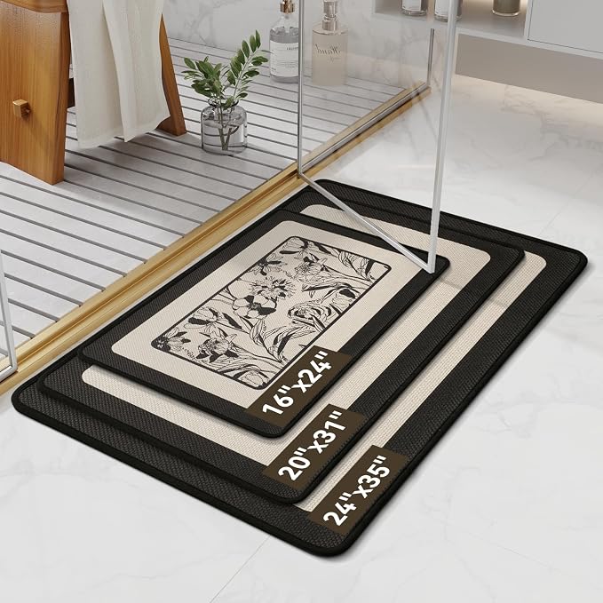 Non Slip Bath Mat, Thin Bathroom Rugs Fit Under Door, Black 20x31 | Quick Dry Absorbent, Rubber Backing Washable Bathmat, Shower Mat for Bathroom Floor, Tub and Outside Shower, Home Decor