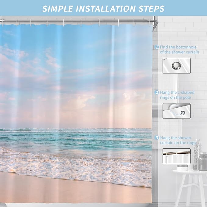 Ocean Beach Coastal Seaside Shower Curtain for Bathroom 60W*72H Inch Nautical Summer Seacoast Beachy Waves Bathtub Decor Seascape Nature Waterproof Polyester Fabric Set with 12 Hooks(10 Holes)