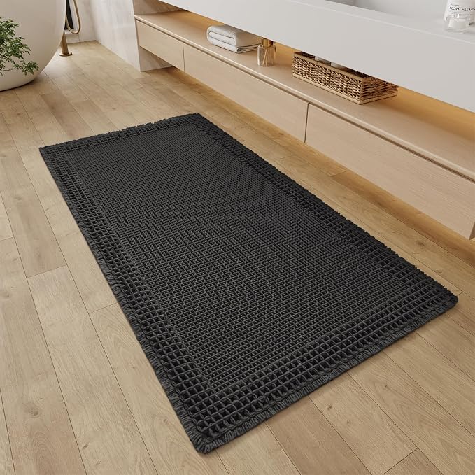 RESARE Waffle Bathroom Runner Rugs, Non Slip Boho Bath Mat 24"x48" Black | Long Absorbent Bathroom Floor Mats Machine Washable Quick Dry, Soft Solid 2'x4' Bath Rugs with Tassels, Ideal Farmhouse Decor