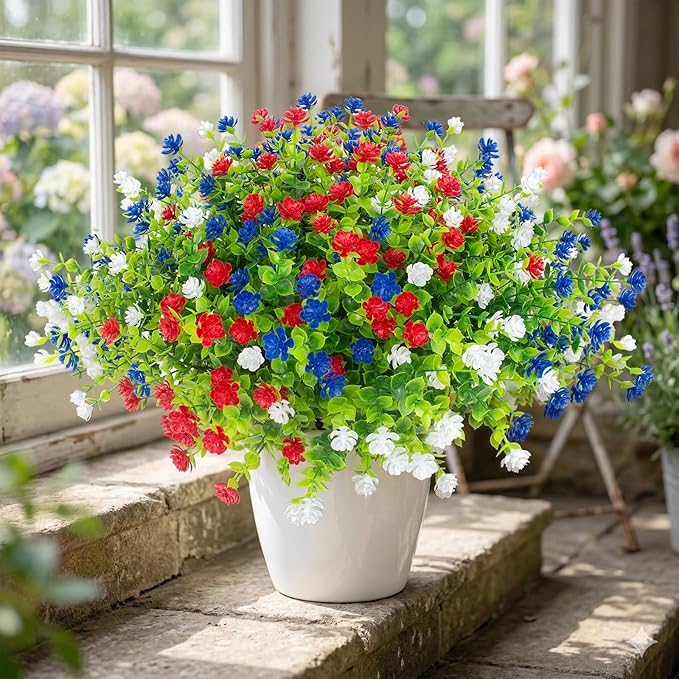 Hananona 48 Pcs Artificial Flowers Outdoor, Faux Artificial Plants UV Resistant Plastic Patriotic Flower Bulk for 4th of July Hanging Planter Porch Window Home Summer Decor (48, Red, White, Blue)