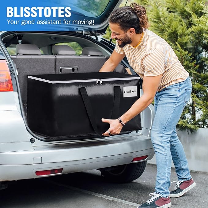 Heavy Duty Moving Bags, Extra Large Storage Bags, 93L, 4-Pack, Black | Foldable, with Zippers, Tag Pocket & Handles, Reusable, Space-saving, Water-Resistant, for moving & storage, Versatile Use