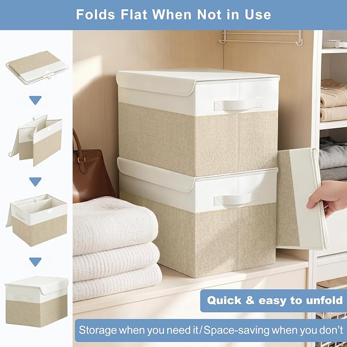 Large 22 Quart Linen Fabric Foldable Storage Bin Cube Organizer Basket with Flip-Top Lid & Handles, Clothes Blanket Box for Home, Office, Closet, Beige & White, 4 Pack 14.6 x 9.5 x 9.5”