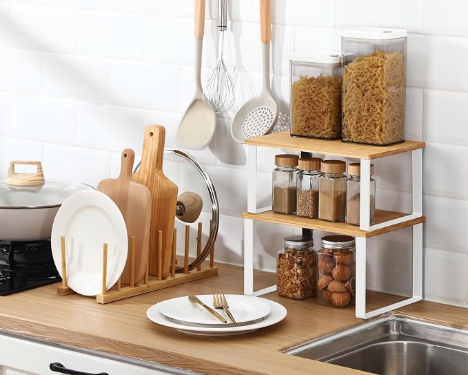 Marsui 4 Pcs Kitchen Organizer Accessories Set for Cabinet,Wooden Color | Cabinet Organizer Shelves, Bamboo Dish Drying Plate Rack, Wooden Counter Storage Holder, for Spice Dish Pot Lid Bowl Cup
