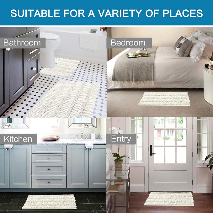 H.VERSAILTEX Bathroom Rugs Bath Rug Set 2 Piece Bathroom Contour Rug Toilet Mat Sets Non Slip Contour Bath Rug Ultra Thick Water Absorbent Striped Bath Mats Washable(36" x 24" Plus 20" x 24" U, Cream)