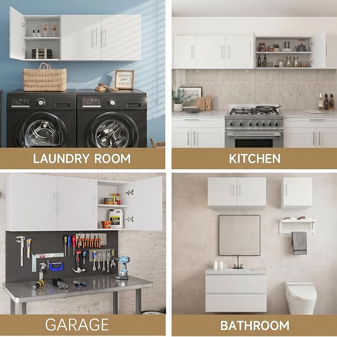Wall Cabinet, 54" W x 12" D x 20" H Wooden Wall Mounted Storage Cabinet, 3 Door Cabinet with Soft Close and Metal Handle and Adjustable Shelf for Kitchen, Garage, Laundry, Bathroom, White