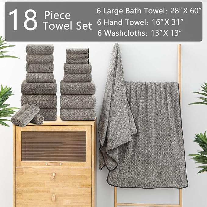 Ycosy 18 Piece Bath Towels Set,100% Microfiber Family Bathroom Towel with Hanging Loops-6 Bath Towels,6 Hand Towels,6 Washcloths,Quick Dry Highly Absorbent Shower Towel for Bathroom,Hotel,Spa-Brown
