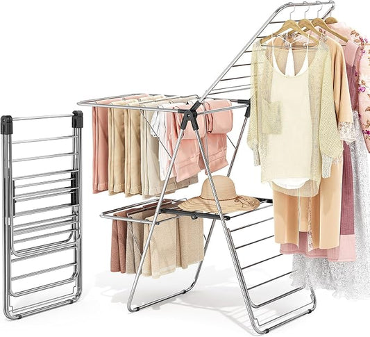 Large Stainless Steel Clothes Drying Rack with 4 Wings | Drying Rack Clothing with Height-Adjustable, Foldable Gullwings, Indoor Outdoor Use, No Assembly, Regular Black