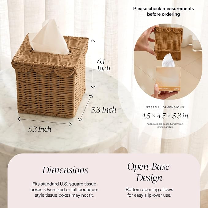 BEBE BASK Handwoven Scalloped Square Tissue Box Cover (4.5 × 4.5 × 5.3 in) | Handcrafted Rattan Tissue Box Cover, Elegant Home Accent, Scalloped, Wicker Decorative Facial Tissue Box Cover, (Mocca)