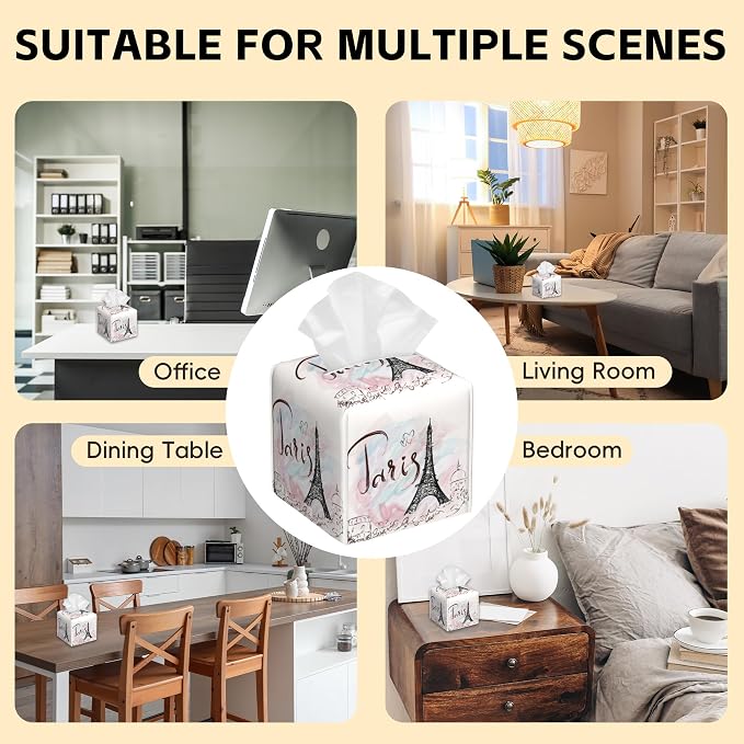 Tissue Box Cover Square,Paris Eiffel Tower Tissue Box Holder Waterproof Leather Facial Paper Case Modern Home Decoration for Bedroom Dresser Night Stand Office Desk
