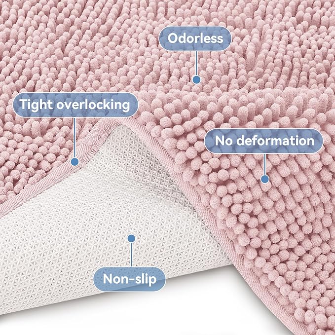 Bcoimo Small Bath Rug Mat,24x17 Chenille Non Slip Pink Bathroom Shower Mat | Extra Soft Bathroom Rugs;Non Slip with Rubber Backing Bath Mats;High Absorbent And Quick Dry Microfiber mat; Machine Washable
