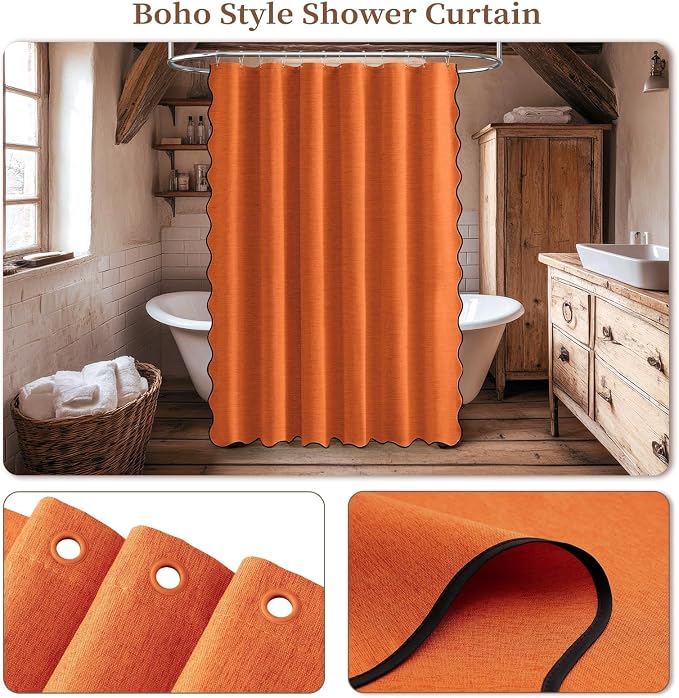 Burnt Orange Boho Scalloped Linen Textured Cloth Shower Curtain, 72x72 | 230GSM Waterproof Polyester, Heavy Duty Fabric, 12 Plastic Hooks, Modern Farmhouse Style, Machine Washable, Bathroom Decor