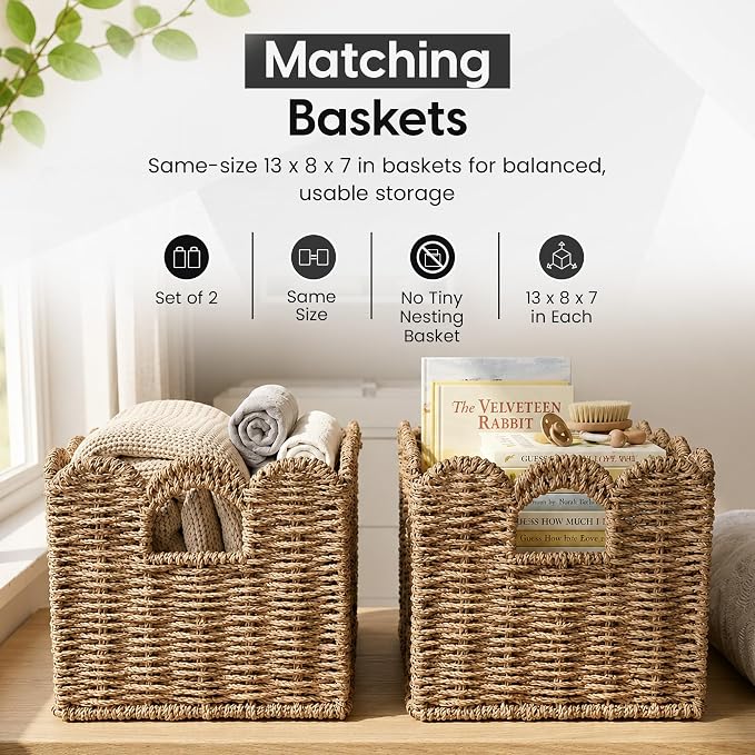 ByteX Scalloped Basket Set (2 Large Baskets) Seagrass Wicker Storage Baskets for Nursery & Kids Books | Decorative Scalloped Edge Rattan Style Book Basket for Toys, Shelves & Decor