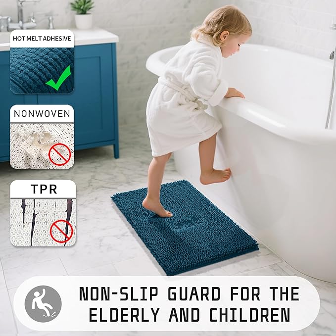 Yimobra Long Bathroom Rugs 44"x24", Extra Soft Non Slip Bath Mat for Tub, Super Absorbent Quick Dry Shaggy Rug Floor Carpet, Machine Washable,Peacock Blue