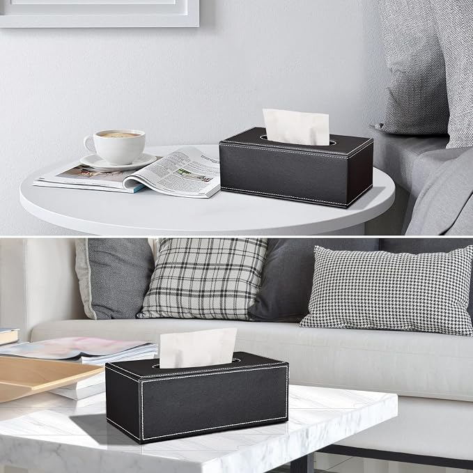 Tissue Box Cover Rectangular, PU Leather Tissue Box Holder for Kleenex, Napkin, Tissue Box Cover Rectangle, Tissue Holder for Bathroom Car Home Decorative 9.84"X5.63"X4.53" - Black