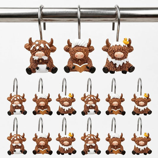 12 Pack Highland Cow Shower Curtain Hooks, Rustic Farmhouse Bathroom Decor Hooks, S Sliding Decorative Curtain Hangers for Bathroom Shower Rod, Western Highland Cattle Bathroom Accessories