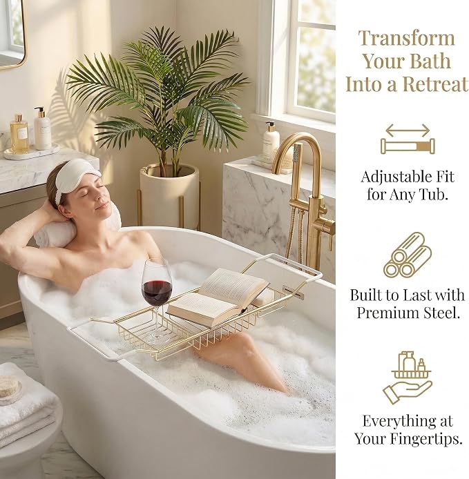 Cabilock Luxury Stainless Steel Bathtub Caddy Tray - 24.8in Expandable Modern Bath Rack for Tub with Wine Glass & Book Holder - Rustproof Shower Organizer & Tablet Stand for Home Spa, Gold