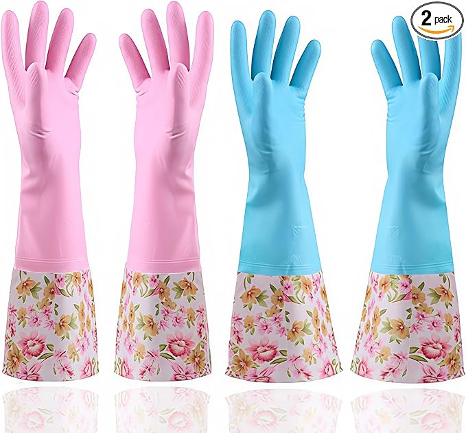 KINGFINGER PVC Latex-Free Long Dishwashing Gloves for Household Cleaning, Waterproof, 2-Pair Large with Long Cuff & Flock Lining