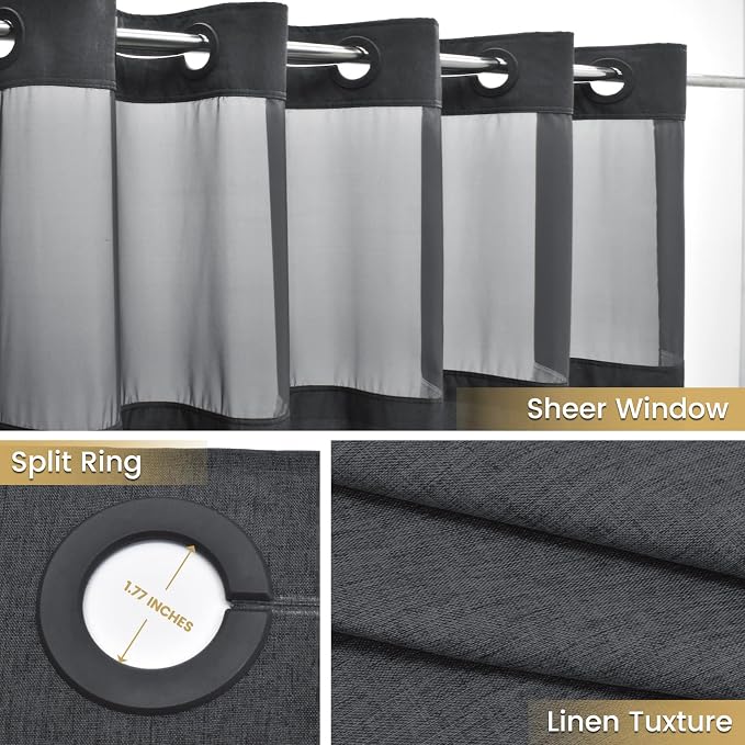 WONICY No Hook Shower Curtain with Liner, Charcoal Grey, 54 x 80 Inch | Ringless, Waterproof & Washable, Hotel Style, Mesh Top Window, Bottom Magnets, Thick, Farmhouse, for Bathroom