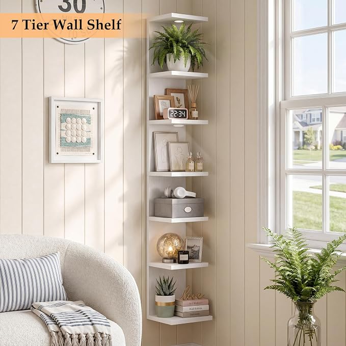 7-Tier Floating Shelves for Wall, Corner Shelf with LED Lights Lack Shelf for Home Organizer Display, Space-Saving, for Kitchen, Living Room, Bedroom, Modern, White