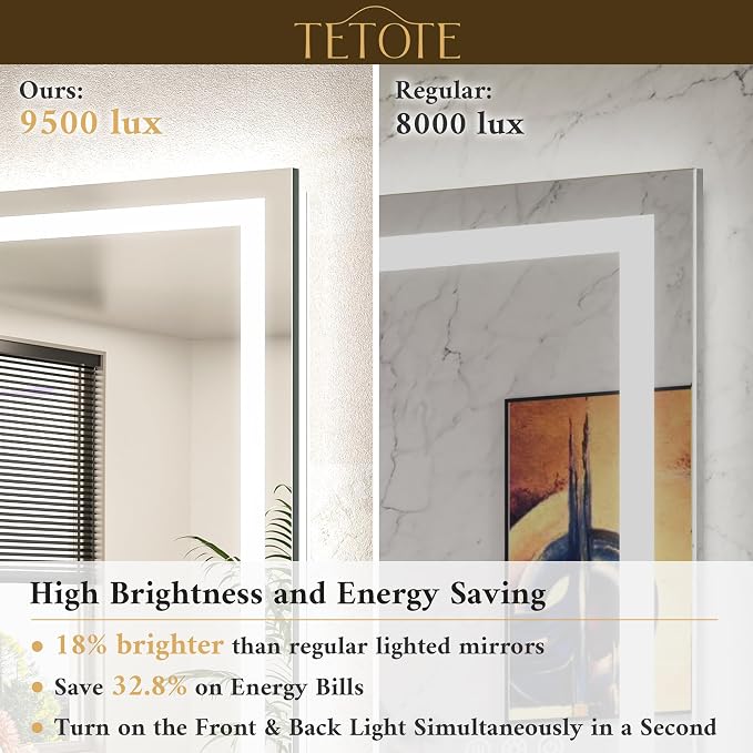 LED Lighted Bathroom Mirror with Lights 40 x 30 Brighter Front and Backlit Light up Mirror for Bathroom Wall, Illuminated Vanity Anti Fog Mirror, 3-Color Stepless Dimmable, Tempered Glass