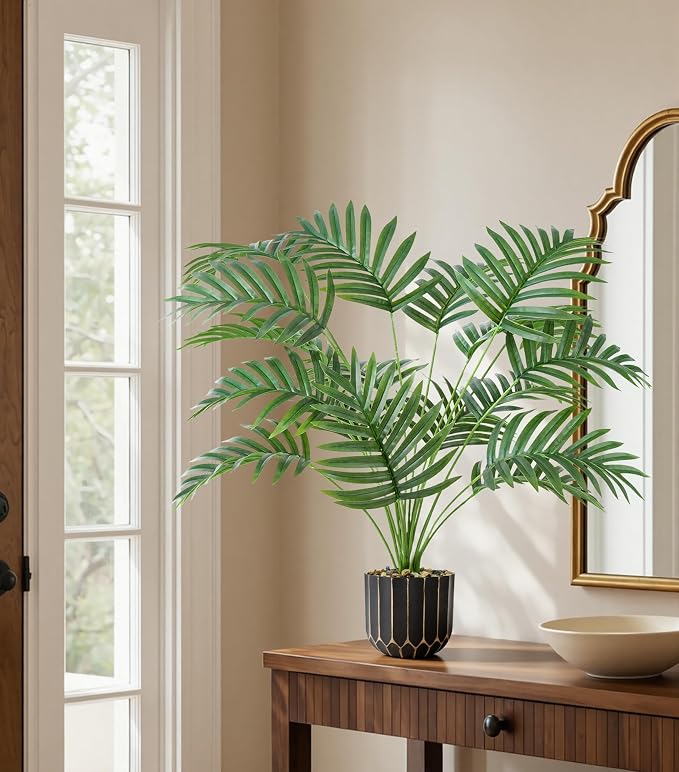 florisso 28" Fake Plants Artificial Areca Palm Plant Tall Faux Plants | Indoor Outdoor Tree, Fade-Resistant, Zero Maintenance, Premium Durable for Living Room Home Decor