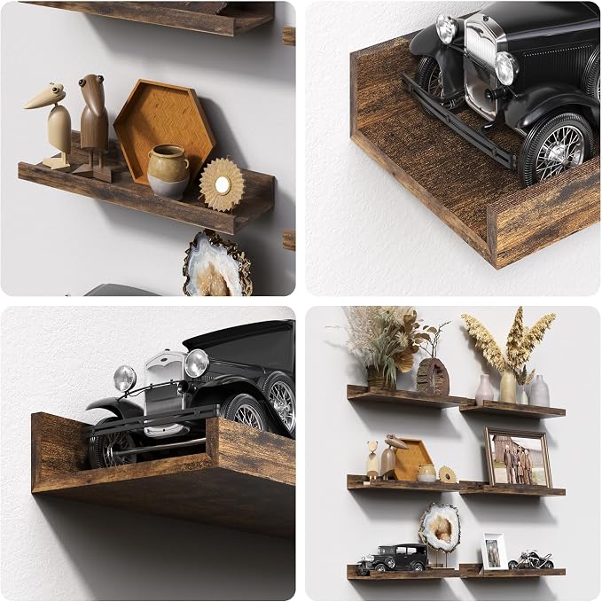 upsimples Floating Shelves for Wall Decor and Storage, Brown, 6Pcs 15.7'' | Wall Mounted Wood Shelves for Living Room, Bedroom, Bathroom, Kitchen, Office, Laundry Room Display and Organize