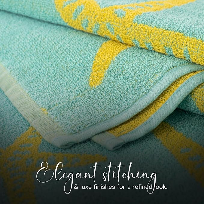 CASA COPENHAGEN Miami Towel 2Pcs Starfish Cyan - Teal Stripe Designer Stripe Beach Towels Gift Set 30"x60" Oversized 100% Cotton Pool Bath Towel for Beach Gift Set (Summer Gift Set for Women & Men)