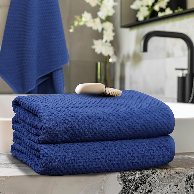 COTTON CRAFT Euro Spa Waffle Weave Bath Sheets - Set of 2 Blue Towel Sheets | Pure 100% Ringspun Cotton Oversized Luxurious Towel Set - Soft Plush Super Absorbent Low Lint Quick Dry - 35 x 70 inches