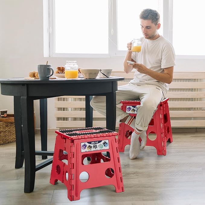 Delxo Folding Step Stool 13 Inch,300 Lbs Step Stool for Adults Red | Foldable Step Stool 13",Non-Slip Foot Stools with Handle,Lightweight Collapsible stools for Kitchen,Bathroom,Bedroom,Garden